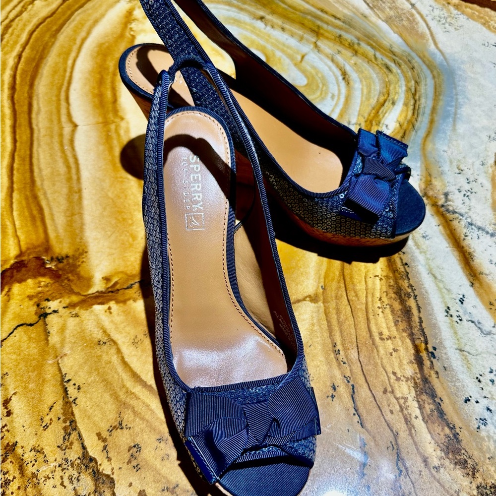 Sperry Women's Dark Blue Slingback Heels with Bow